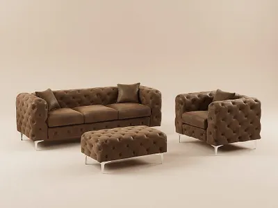 Produktbild von 3-Sitzer-Sofa, Sessel und Chesterfield-Pouffe aus Mikrofaser mit gealterter Lederoptik - EDWINA