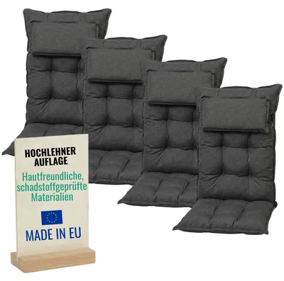 Produktbild von Pillows24 - 4x Gartenstuhlauflagen aus 6 cm Dicker Schaum Vliesfüllung für Gartenmöbel [ 120 x 50 cm ] - Sitzkissen Outdoor - Grau mit Beckkissen