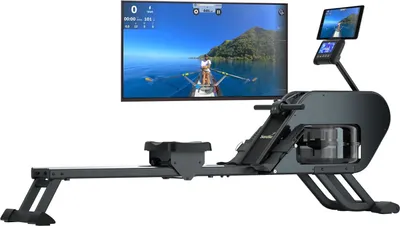 A black and gray rowing machine with a large screen displaying a rowing scene.