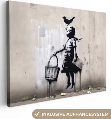 Produktbild von MuchoWow® - Leinwandbilder - Graffiti - Mädchen - Vogel - Straßenkunst - Banksy-Stil, Wandbild, Wanddeko Bilder Wohnzimmer, 80x60 cm