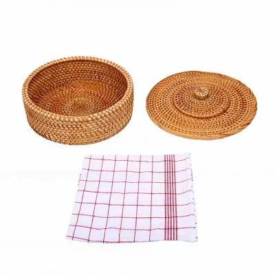 Obrázok produktu pre Košík na tortilly z ratanu s vekom a látkou. Ponúka dostatok úložného priestoru. Ručne tkaný držiak na tortilly, vhodný na wrapy a palacinky