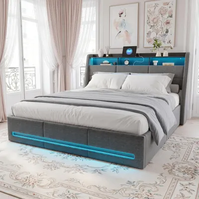 Obrázok produktu pre INONEFT čalúnená posteľ 140x190 cm s LED osvetlením a USB-C portom, posteľ s úložným priestorom a hydraulickým systémom, dvojlôžko s roštom a zásuvkou na posteľ, farba: sivý len
