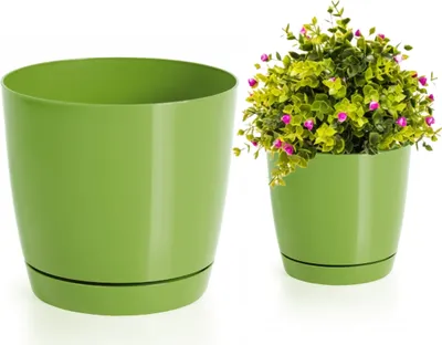 A product image showing two green plant pots with saucers, one empty and one with a plant.