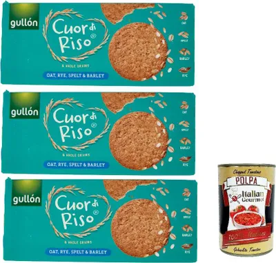 Produktbild von Gullón Cuor di Riso e Cereali Integrali Avena, Segale & farro, kekse mit Hafer, Roggen und geschrieben 3x 250 g + Italian Gourmet polpa 400g