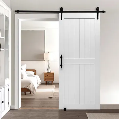 Immagine prodotto di VEVOR Porta scorrevole in stile fienile Sistema di porte scorrevoli (914 x 2134 mm) in pannelli MDF ad alta resistenza, porta fienile con kit hardware e superficie in PVC impermeabile e telaio a H per soggiorno Bagno Bianco