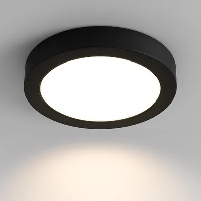 A black, round LED ceiling light is shown against a light gray background.