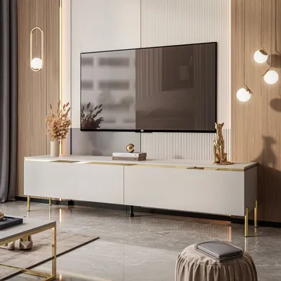 Produktbild von YOURHOUSE24 Lowboard AURORA Kaschmir Hängende TV-Schrank oder auf Beinen 180 cm (Ausführung:  Stehend-gerade gold Chrom Beine)