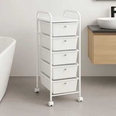 Produktbild von Rollcontainer GINA, weiß - Rollwagen mit 5 Schubladen, lackiertes Metallgestell auf Rollen, Friseurwagen, Badezimmerschrank, Kosmetik Aufbewahrung