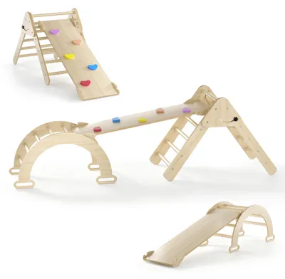 Immagine prodotto di QEENTOE, struttura triangolare da gioco 3-in-1 in legno con parete a scaletta e scivolo, struttura per arrampicata Pikler per bambini, gioco da interno, attrezzatura Montessori