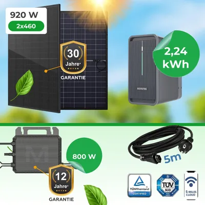 Produktbild von Balkonkraftwerk 920W Komplettset mit Marstek 800W Wechselrichter, Marstek B2500D 2,24kWh speicher & bifacialen Dual-Glas Modulen