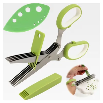 Produktbild von Edelstahl Küchenschere mit 5 Klingen, ergonomische Schere für Kräuter und Gemüse, inklusive Reinigungskamm und Klingenschutz, Haushaltsschere für Schnittlauch und Petersilie