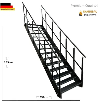 A black metal staircase with railings and grid steps, shown from a diagonal angle against a white background. Dimensions are indicated.