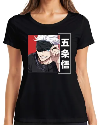 Zdjęcie produktu dla Jujutsu Kaisen Gojo Satoru 五条悟 Anime Aesthetics Blindfold White Hair Ladies T-Shirt, Czarny, S