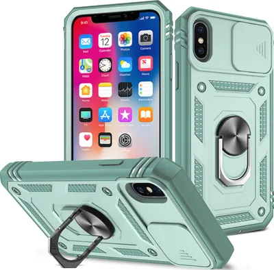 Produktbild von iPhone X / XS Hülle, Schiebe Kamera Schutz Robust Stoßfest Schutzhülle mit Ringhalterung Ständer Kartenhalter für iPhone X / iPhone XS Grün