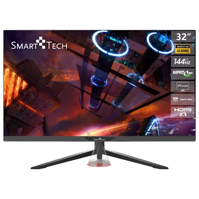 A gaming monitor displaying a futuristic scene, with technical specifications listed on the right side.