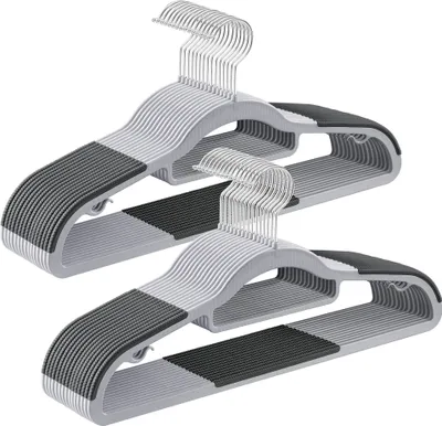 Two stacks of gray and black hangers are shown against a white background.