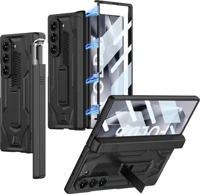 Image de Etui pour Samsung Galaxy Z Fold 6 avec charnière magnétique et protection de l'objectif, support et porte-stylo coulissant noir