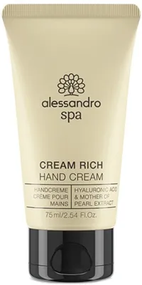 Produktbild von alessandro Cream Rich, Creme, Anti-Aging, 75 ml, Pumpenflasche, AQUA (WATER), UNDECANE, CAPRYLIC / CAPRIC TRIGLYCERIDE, GLYCERIN, C12-16 ALCOHOLS, TRIDECANE,..., Leicht von den Fingerspitzen bis zum Handgelenk mit besonderem Augenmerk auf die Nagelhaut...