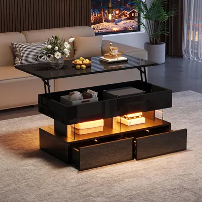 Produktbild von 100 x 50 x 46 cm Anhebbarer CouchtischSofatisch mit höhenverstellbarer Tischplatte und verstecktem Stauraum LED kaffeetisch mit 2 Schubladen
