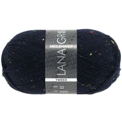 A ball of dark blue tweed yarn with colorful flecks, featuring a product label.