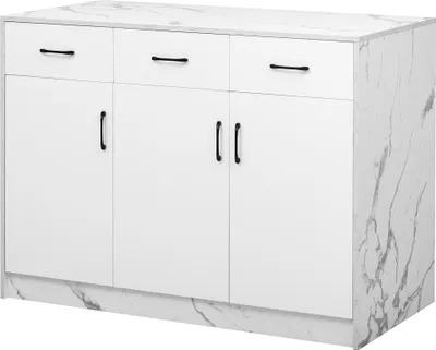 Zdjęcie produktu dla Sweiko Duża wyspa kuchenna 120 x 60 x 90,5 cm, 3 szuflady i 3 drzwi, biały marmur, regulowane półki, ciche szuflady, konstrukcja barowa - Stylowe i praktyczne przybory kuchenne