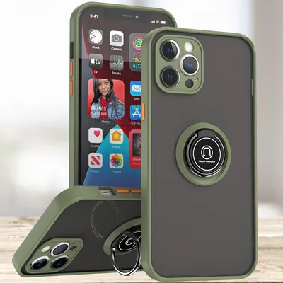 Obrázek produktu pro Pouzdro pro iPhone 12 Pro matné průsvitné TPU pouzdro s prstencovým držákem a stojánkem Armádní zelená