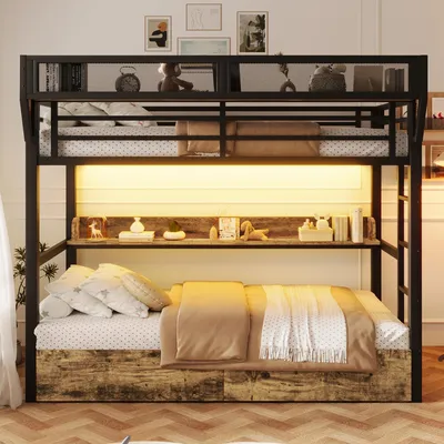 Produktbild von Metall-Etagenbett 90x200 cm Schwarz, stabiles Hochbett mit LED-Beleuchtung, Kopfteil-Ablage, Hängekorb & 2 Schubladen, wackelfrei & geräuschlos, ohne Matratze