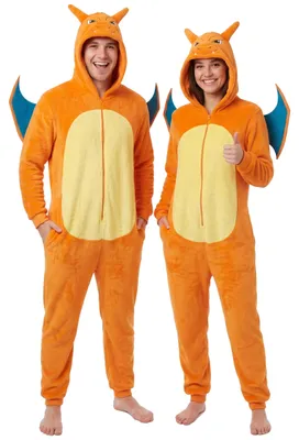 Produktbild von Get Trend Pokémon Glurak Kostüm Herren, Pyjama Jumpsuit mit Kapuze für Halloween und Karneval, Orange – Größe XXL