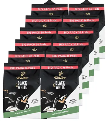 Produktbild von Tchibo Kaffeepads Maxipack, BLACK & WHITE, 12x36 Pads Kräftig mit starkem Geschmack, aromafrisch, Intensität 5/6, geeignet für Senseo Maschinen