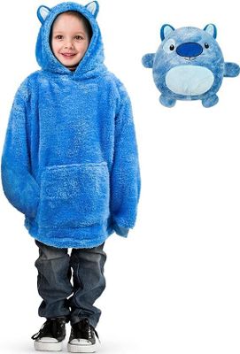 2 in 1 Decken - Hoodie Decke mit Kuscheltier - Plüschtier Kissen mit Kuscheldecke, Super Süßes Geschenk für Kinder, 50*70cm - PILLOWPET Blauer Hund
