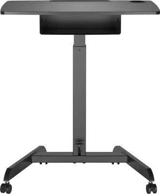 A gray, adjustable height laptop desk with wheels is shown against a white background.
