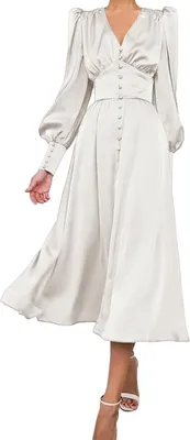 Produktbild von Satin Maxikleid Damen Weiß Elegant Vintage Puffärmel A-Linie V-Ausschnitt S