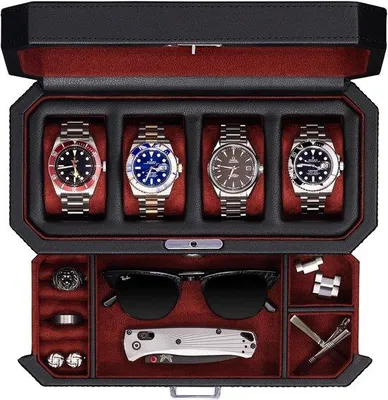 Produktbild von Leder Uhrenbox mit 4 Fächern und Ablage, rot, Glasdeckel