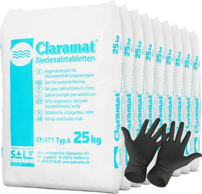 Produktbild von Claramat Siedesalztabletten 225kg Regeneriersalz inklusiv 1 Paar ARNOMED Einweghandschuh
