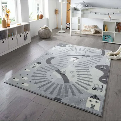 Zdjęcie produktu dla Szaro kremowy dywan dziecięcy, wzór-torowisko kolejowe 120x170cm