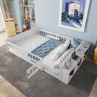 Produktbild von MODFU Kinderbett 140 x 200 , Holzbett mit Offenes Lager &Einlegeböden,Jugendbett mit Sicherheitstür &Zaun,ohne Matratze, weiß