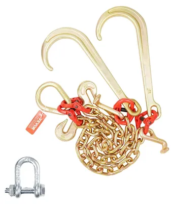 Imagen del producto de Cadena de remolque VEVOR G80 V-Zaum, de 3/8 de pulgada x 2 pies, con ganchos en J, ganchos en T y ganchos de agarre, cadena de remolque para transporte de cargas pesadas con una capacidad de trabajo segura de 7800 lbs, ideal para camiones con plataforma