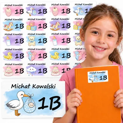 Zdjęcie produktu dla NAKLEJKI IMIENNE NA ZESZYT 20 szt - Babyshower DZIECKO PRZYJĘCIE