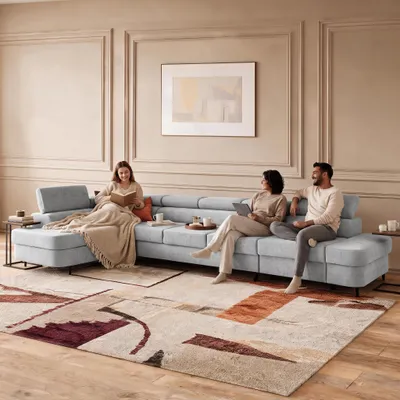 Produktbild von MUFFO Ecksofa PRIAM XXL L-Form Links mit Schlaffunktion 125x265 Velours Hellgrau