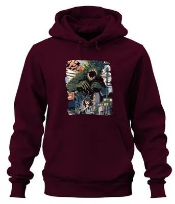 Productafbeelding van Kaiju-aanval, schoolmeisjes, monster, apocalyps, stad, anime, manga, uni hoodie, sweater met capuchon, bordeauxrood, 3XL