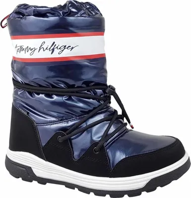 A single blue winter boot with black accents and white sole, against a white background.