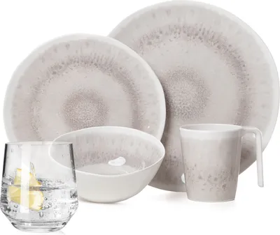 Produktbild von Melamin Camping Geschirr Set 4 Personen Amboss Design 16 Teilig + Milano Gläser Wassergläser Tafelgeschirr Picknick BBQ Kochgeschirr