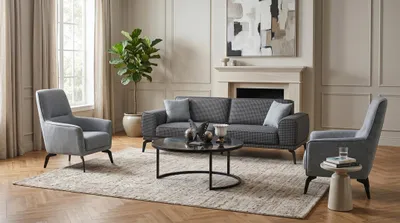 Productafbeelding van Bankstel: 3-zitsbank, 2 fauteuils, salontafel. Modern, grijs, antraciet, stijlvol