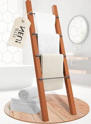 Productafbeelding van Famanu handdoekhouder 160 cm zwart, houten handdoekrek - Vintage design, vrijstaand badkameraccessoire