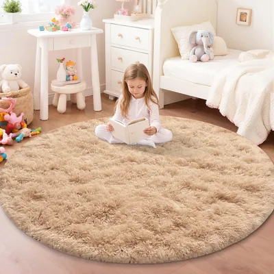Produktbild von Runder Teppich 140 cm, für Kinderzimmer, plüschig, waschbar, rutschfest, beige