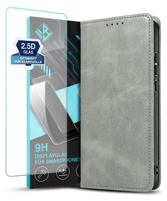 Produktbild von Handyhülle für Samsung Galaxy A17 / A17 5G mit 9H Displayglas Kunstleder Flip Cover Hülle Handytasche Case Kartenfach Farbe: Grau