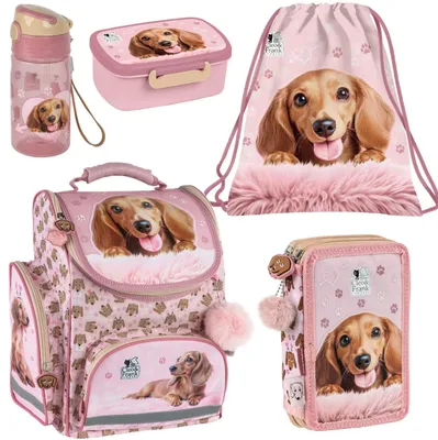 Produktbild von 5 tlg. Hunde Schulranzen Set - Tornister Federtasche Turnbeutel Brotdose