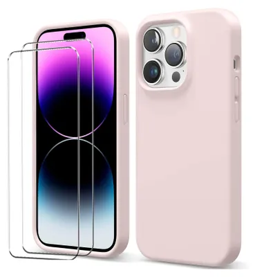 Immagine prodotto di il set di cover protettive 2in1 per Apple iPhone 16 Pro è composto da 2 protezioni per lo schermo in vetro 9H e 1 custodia in silicone di colore rosa