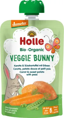 Produktbild von HOLLE GEMÜSEBREI „KANINCHEN“ (KAROTTE – SÜSSKARTOFFEL – ERBSEN) OHNE ZUCKERZUSATZ GLUTENFREI AB DEM 6. LEBENSMONAT DEMETER  100 g