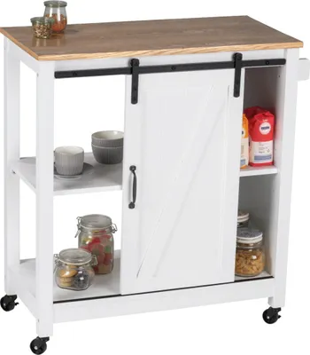 A kitchen cart with a sliding barn door, shelves, and wheels, displaying various kitchen items like jars and bowls.